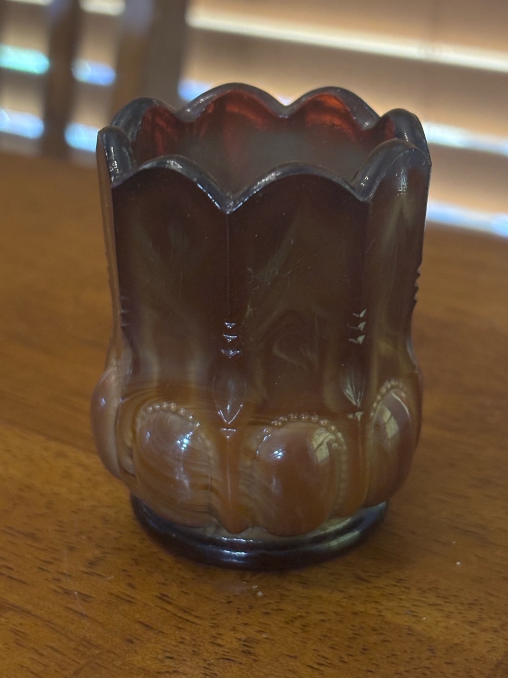 Degenhart Toothpick Holder Chocolate Brown And Caramel Marbled Slag Glass